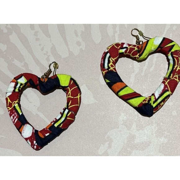 Vintage Womens Handmade Fabric Heart Dangle Earrings Large 80s Punk Rave - Picture 6 of 8